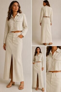 YFB Cream Denim Raw Hem Cropped Jacket Maxi Skirt Matching Set Size Medium Y2K